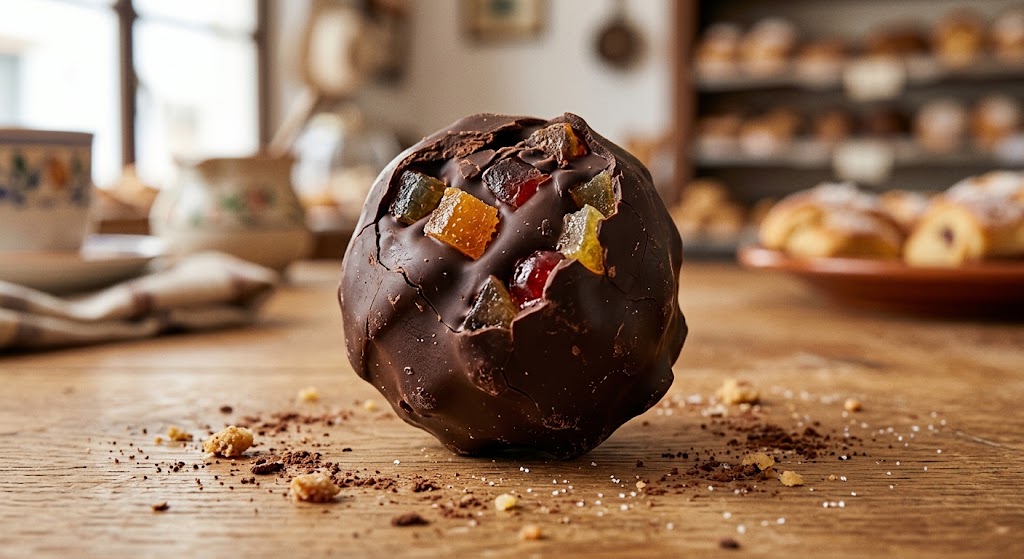 Bombón de frutas con chocolate artesanal